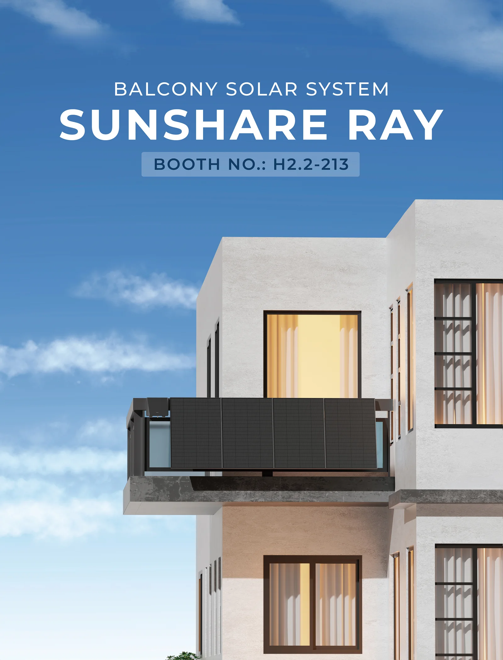 现代公寓阳台安装 SUNSHARE RAY 光伏组件的 3D 渲染