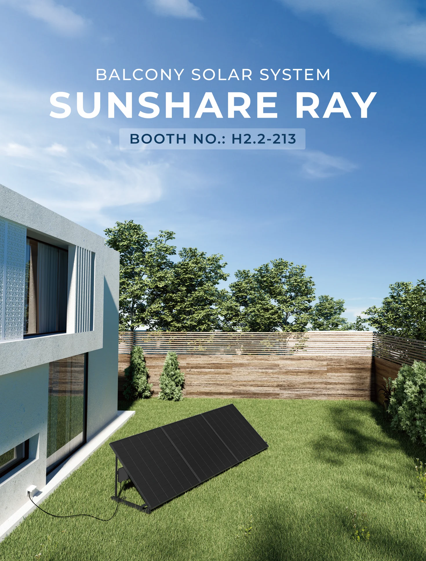 庭院地面安装 SUNSHARE RAY 光伏组件的 3D 渲染