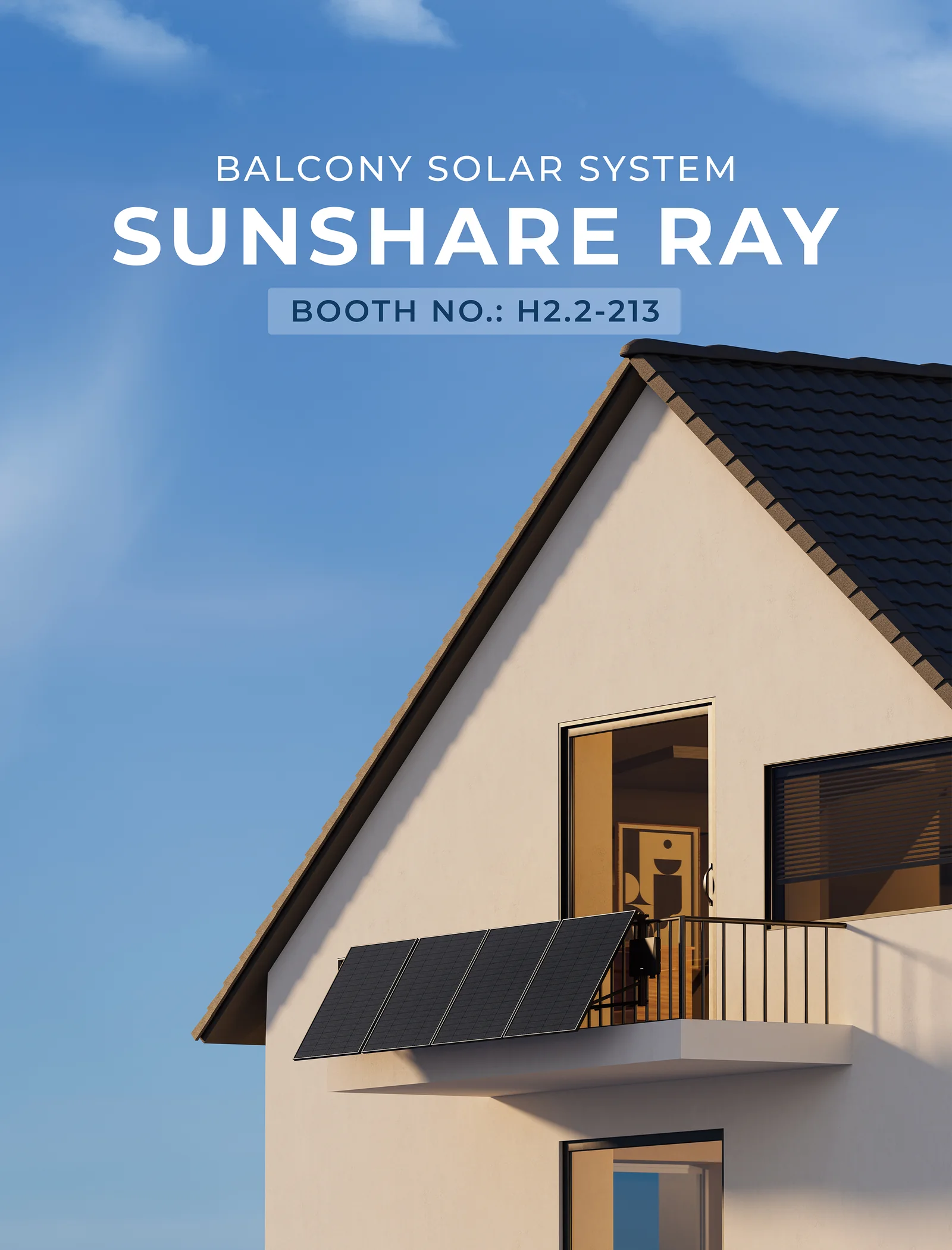 独栋住宅阳台安装 SUNSHARE RAY 光伏组件的 3D 渲染