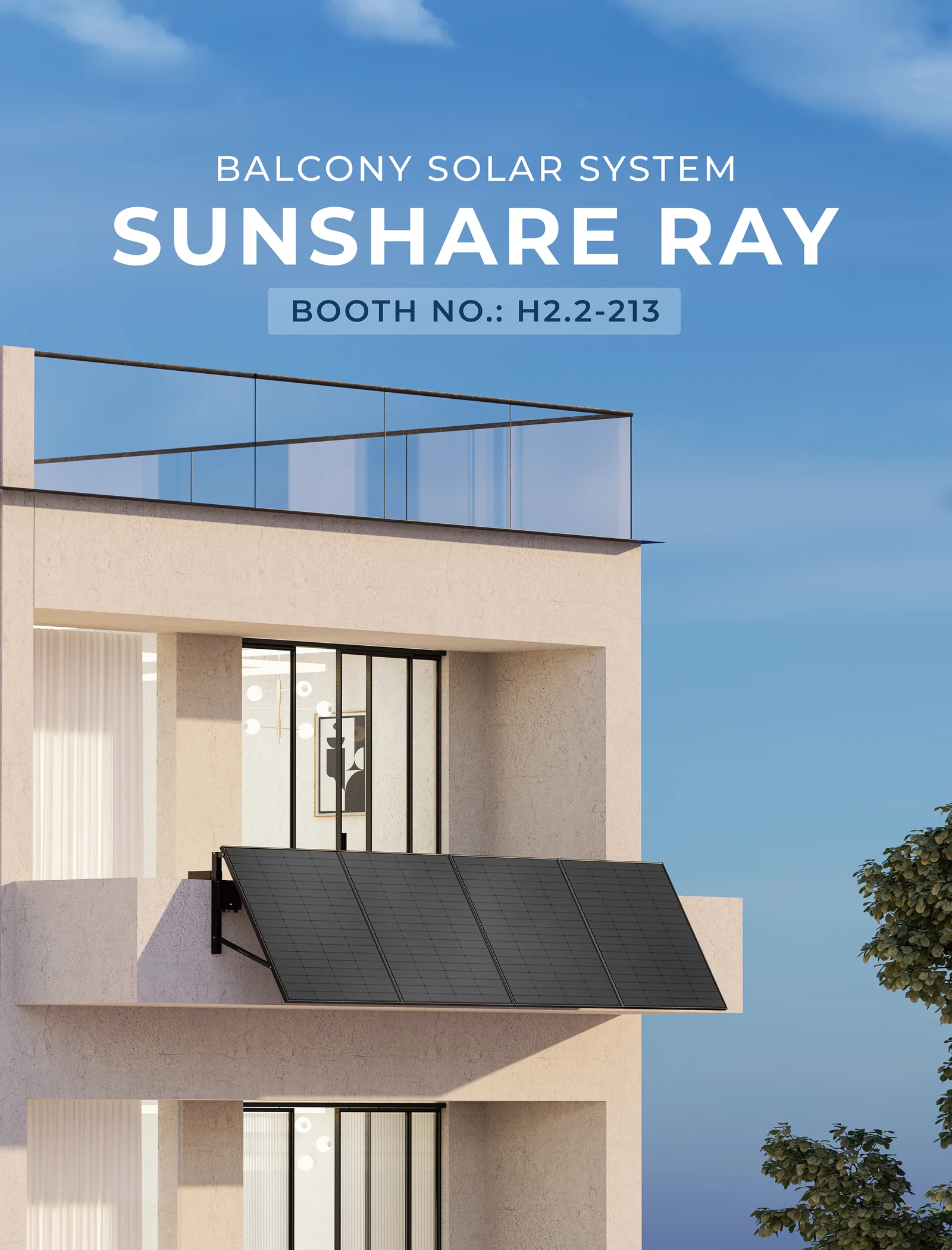现代别墅阳台安装 SUNSHARE RAY 光伏组件的 3D 渲染